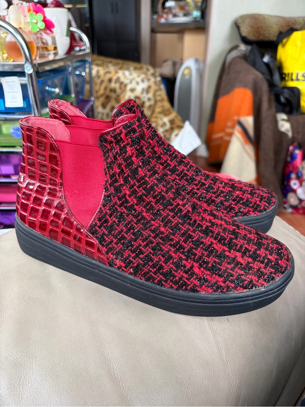 Forever Foli Women’s  Red Tweed & Croc-Accent Slip-On Booties Size EU41